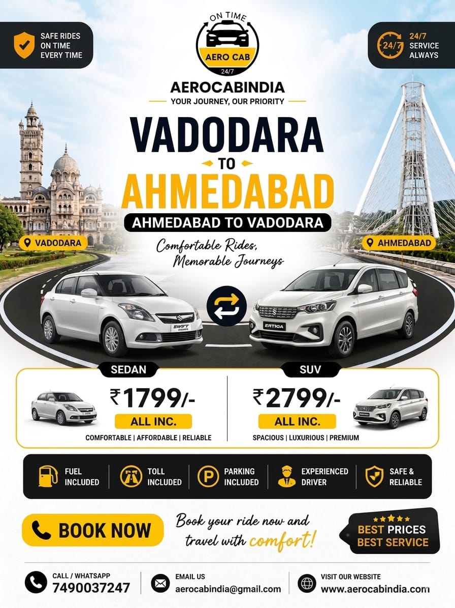 Vadodara to Ahmedabad Airport Cab Service | One Way Taxi from Vadodara to Ahmedabad Airport – AeroCab