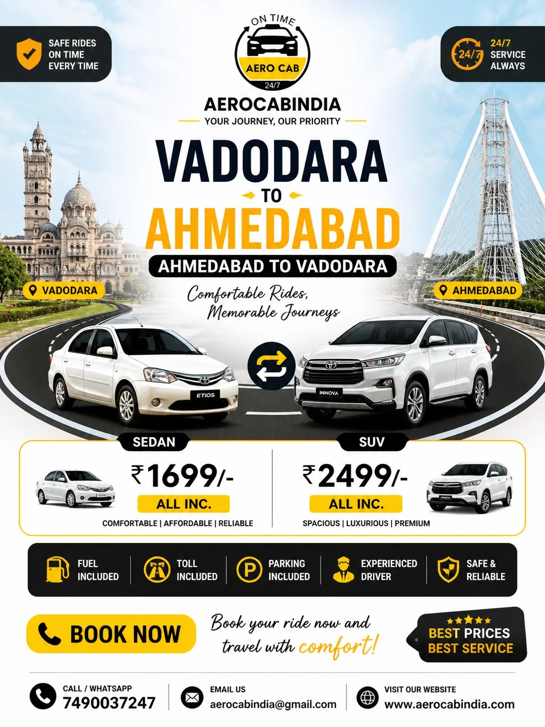 Vadodara to Ahmedabad Cab Service – Reliable Airport Transfer by AeroCab